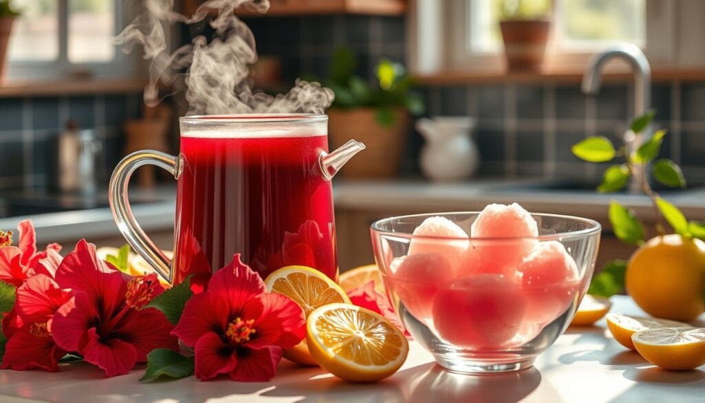 Brewing hibiscus tea for sorbet