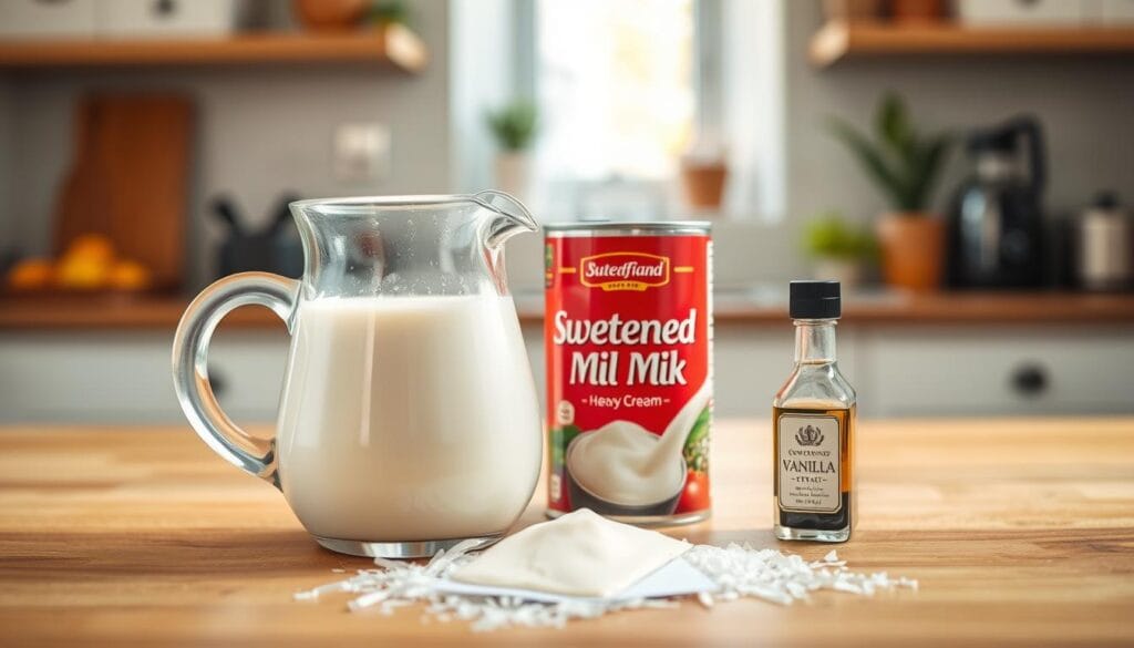 Three ingredients for homemade ice cream: heavy cream, sweetened condensed milk, and vanilla extract