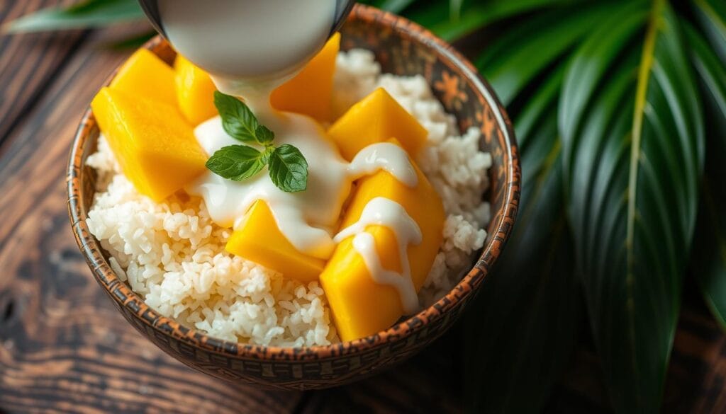 layering ingredients for mango sticky rice dessert