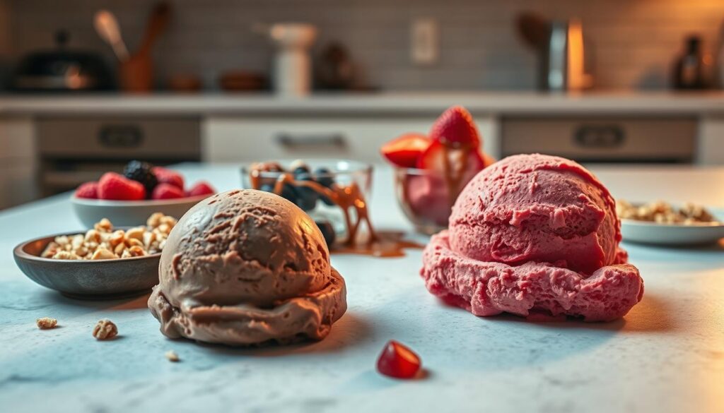 A beautifully lit and styled image of a variety of homemade eggless ice cream flavors. In the foreground, a scoop of richly colored chocolate ice cream sits alongside a scoop of vibrant strawberry ice cream, both with a creamy, smooth texture. In the middle ground, various ice cream toppings are artfully arranged, such as fresh berries, crushed nuts, and drizzles of caramel and chocolate sauce. The background features a minimalist kitchen countertop, with a few utensils and small appliances hinting at the handcrafted nature of the dessert. The lighting is warm and natural, creating a cozy, inviting atmosphere that captures the joy of creative eggless ice cream making.