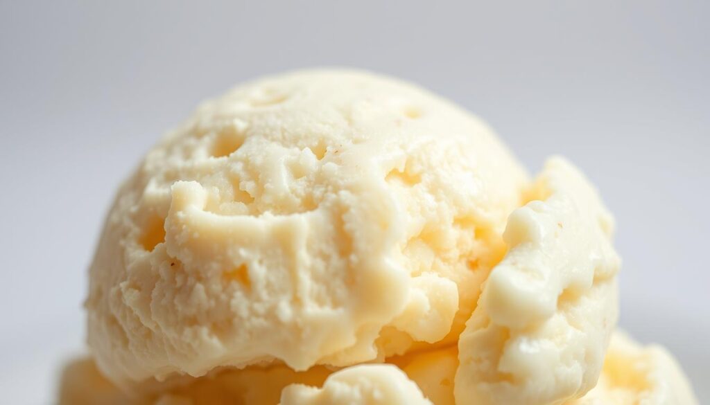 A close-up, high-resolution image of a freshly scooped, premium vanilla ice cream in soft, luscious focus. The creamy, velvety texture glistens under warm, soft lighting, highlighting the intricate crystalline patterns and subtle flecks of vanilla bean. The surface has a smooth, pillowy appearance, inviting the viewer to imagine the rich, indulgent mouthfeel. The foreground is in sharp detail, while the background softly blurs into a clean, minimalist setting, allowing the ice cream to take center stage and showcase its irresistible allure.