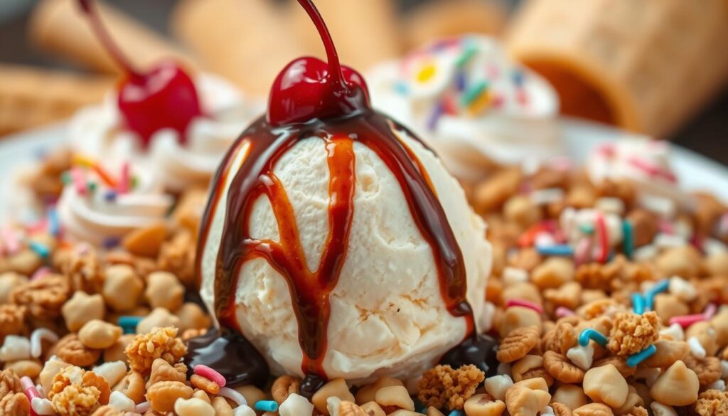 A delectable arrangement of classic sundae toppings, meticulously captured in a warm, inviting light. In the foreground, a scoop of creamy vanilla ice cream is crowned with a decadent drizzle of rich chocolate syrup, complemented by the vibrant hues of ruby red maraschino cherries. Surrounding this centerpiece, a harmonious blend of crushed nuts, colorful sprinkles, and fluffy whipped cream create a visually captivating and mouthwatering display. The mid-ground features a background of soft, pastel-toned wafers and waffle cones, hinting at the indulgent treat to come. The overall composition exudes a nostalgic, timeless charm, evoking feelings of comfort and delight, perfectly capturing the essence of classic sundae toppings.