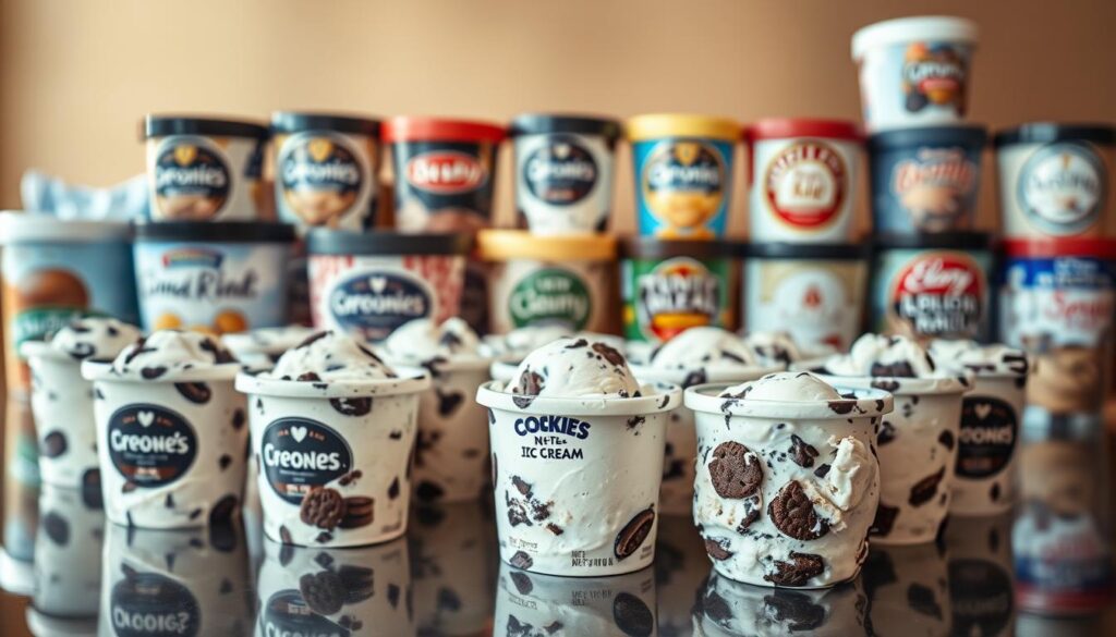 A delectable array of popular ice cream brands, meticulously displayed on a sleek, reflective surface. The foreground features an assortment of Cookies 'n' Cream-flavored pints, their creamy white bases dotted with rich, indulgent chocolate cookie chunks. In the middle ground, various other beloved ice cream labels are arranged, each showcasing their unique packaging and branding. The background is softly blurred, evoking a sense of focus and attention on the star of the scene - the Cookies 'n' Cream flavors. The lighting is warm and inviting, casting gentle shadows that accentuate the texture and depth of the ice cream. The overall mood is one of sophistication, quality, and the irresistible allure of classic, comforting flavors.