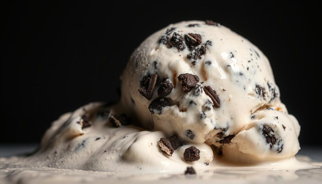 A delectable scoop of cookies and cream ice cream, freshly churned in a traditional ice cream maker. The creamy, vanilla-infused base is flecked with crumbled chocolate sandwich cookies, creating a tantalizing contrast of textures and flavors. Captured in a moody, low-key lighting setup, the ice cream glistens with a glossy sheen, casting soft shadows on the stark, minimalist backdrop. The overall scene evokes a sense of classic indulgence and timeless appeal, inviting the viewer to savor the timeless delight of this beloved frozen treat.