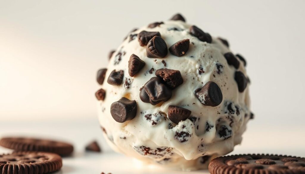A delectable scoop of cookies and cream ice cream, its creamy texture glistening under a soft, warm light. The rich, dark chocolate cookie pieces are evenly distributed, creating a visually appealing contrast against the pale, velvety base. The scene is set against a clean, minimalist background, allowing the ice cream to take center stage. The composition is balanced, with the ice cream positioned slightly off-center, creating a sense of movement and depth. The overall mood is one of indulgence and comfort, inviting the viewer to savor the delightful flavor and texture of this classic frozen treat.