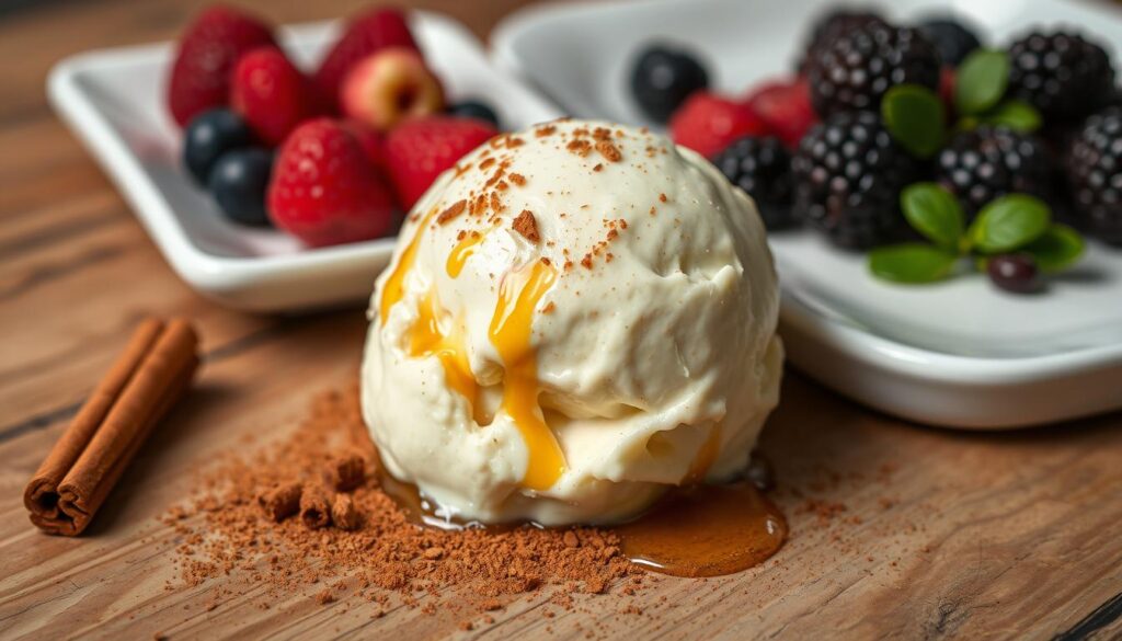 A delectable scoop of homemade eggless ice cream, its creamy texture and vibrant color shining under the warm kitchen lighting. Freshly churned, the ice cream glistens as it sits atop a rustic wooden table, complemented by a sprinkling of aromatic cinnamon and a drizzle of sweet honey. In the background, a simple white platter holds an array of fresh berries, their vibrant hues adding a touch of natural elegance to the scene. The overall composition exudes a sense of comfort and simplicity, inviting the viewer to indulge in this delightful and guilt-free frozen treat.