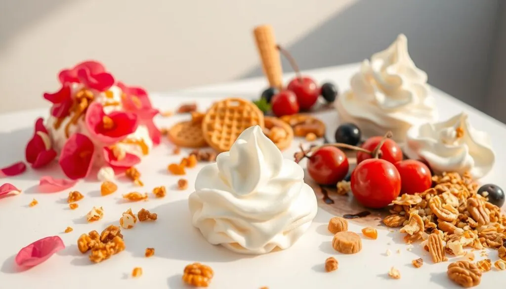 A delightful array of unique and creative ice cream sundae toppings are artfully arranged on a sleek, modern white surface. In the foreground, whimsical garnishes like candied rose petals, crunchy praline crumbles, and a drizzle of shimmering edible gold leaf elevate the presentation. In the middle ground, plump maraschino cherries, juicy berries, and crumbled waffle cone pieces add pops of vibrant color and texture. The background features a scattering of chopped nuts, shaved chocolate, and fluffy whipped cream peaks, all bathed in warm, natural lighting that casts a inviting glow over the decadent scene.