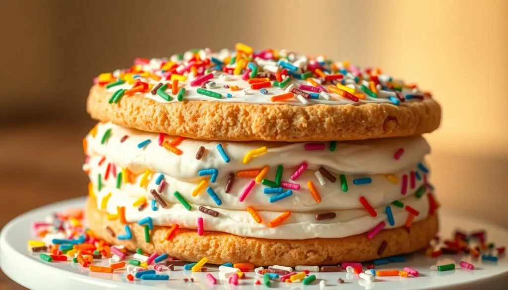 A delightful ice cream sandwich cake, with soft, pillowy layers of vanilla wafers and rich, creamy ice cream. The cake is adorned with a vibrant, abstract pattern of rainbow sprinkles, creating a playful and whimsical aesthetic. The lighting is warm and soft, casting a gentle glow over the dessert. The camera angle is positioned slightly above, capturing the cake's elegant, layered structure and the inviting texture of the sprinkles. The overall mood is one of joy, indulgence, and a touch of nostalgia, making this the perfect centerpiece for a fun, personalized ice cream celebration.