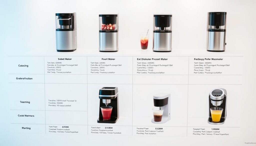 A high-quality comparison chart showcasing various sorbet maker machines. The chart is presented in a clean, modern design with a neutral background, allowing the products to take center stage. The machines are arranged in a grid, each with its own detailed specifications and images displayed prominently. The lighting is soft and diffused, highlighting the sleek, minimalist aesthetic of the appliances. The overall mood is one of informative professionalism, catering to the needs of discerning home cooks and dessert enthusiasts.