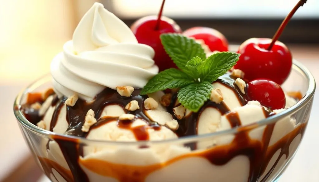 A homemade ice cream sundae with a scoop of rich, creamy vanilla ice cream, drizzled with warm chocolate sauce and sprinkled with chopped toasted almonds. The sundae is served in a clear glass bowl, showcasing the layers of indulgent toppings. Vibrant red cherries and fresh mint leaves add pops of color and a refreshing contrast. Soft, whipped cream is dolloped on top, creating a luxurious, indulgent treat. The lighting is warm and inviting, casting a gentle glow on the sundae, highlighting its artisanal, handcrafted nature. The camera angle is slightly elevated, allowing the viewer to appreciate the sundae's delectable composition and intricate details.