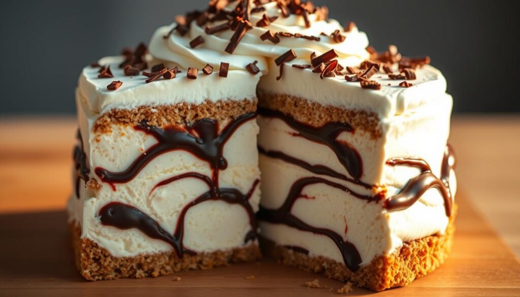 Make a Delicious Homemade Ice Cream Cake Roll 3 A luscious homemade ice cream cake, freshly cut to reveal its delectable layers. The crust is a buttery graham cracker base, supporting a generous spread of creamy vanilla ice cream. Ribbons of chocolate sauce swirl through the ice cream, creating a decadent contrast. Atop the cake, a layer of fluffy whipped cream is crowned with shaved chocolate curls, adding a final touch of indulgence. Soft, golden lighting casts a warm glow, highlighting the cake's rich texture and inviting the viewer to imagine the satisfying bite. The angle captures the cake's elegant presentation, ready to be savored as the perfect finishing touch to a special occasion.