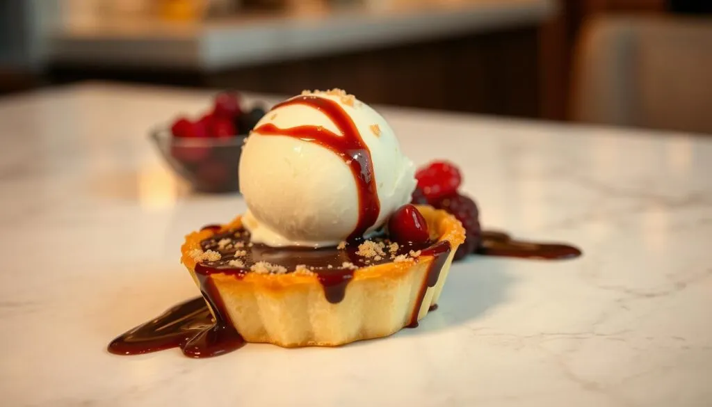 A lush, decadent ice cream dessert pairing, captured in an elegant, high-resolution photograph. In the foreground, a scoop of creamy, artisanal vanilla ice cream sits atop a buttery, golden tart shell, its glistening surface sprinkled with crunchy caramelized sugar. Alongside, a drizzle of rich, dark chocolate sauce cascades down the sides, creating a striking contrast. In the middle ground, a fresh berry compote, its vibrant hues and glossy texture complementing the ice cream. The background features a subtly blurred, but visually captivating, setting - perhaps a pristine white marble tabletop or a softly lit, cozy cafe atmosphere. The lighting is warm and diffused, casting a gentle, inviting glow on the dessert. The overall composition is visually balanced, with a sense of artistry and attention to detail that evokes a sense of indulgence and culinary excellence.