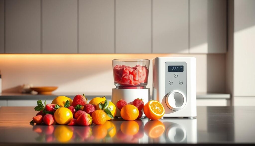 A modern, sleek sorbet maker machine standing on a polished stainless steel countertop, bathed in warm, diffused lighting. The machine has a transparent bowl for observing the sorbet as it churns, with intuitive digital controls on the front panel. In the middle ground, an array of fresh, vibrant fruit - ripe strawberries, tart lemons, and juicy oranges - await transformation into delectable sorbet flavors. The background features a minimalist kitchen setting with pale grey walls, contributing to a clean, airy atmosphere conducive to healthy, guilt-free dessert creation.