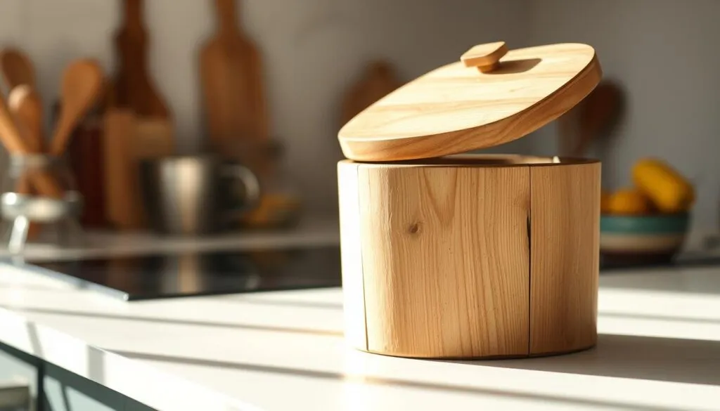 A rustic, wooden homemade ice cream container sits on a clean, white countertop, basking in soft, natural lighting that emphasizes its handcrafted charm. The container is made of smooth, light-colored wood with a classic, simple design, featuring a hinged lid that sits slightly ajar, inviting the viewer to peek inside. The container's surface is slightly weathered, adding a sense of authenticity and history. In the background, a few kitchen utensils and ingredients are visible, hinting at the process of making homemade ice cream. The overall scene conveys a sense of homely comfort and the joy of crafting delicious, homemade treats.