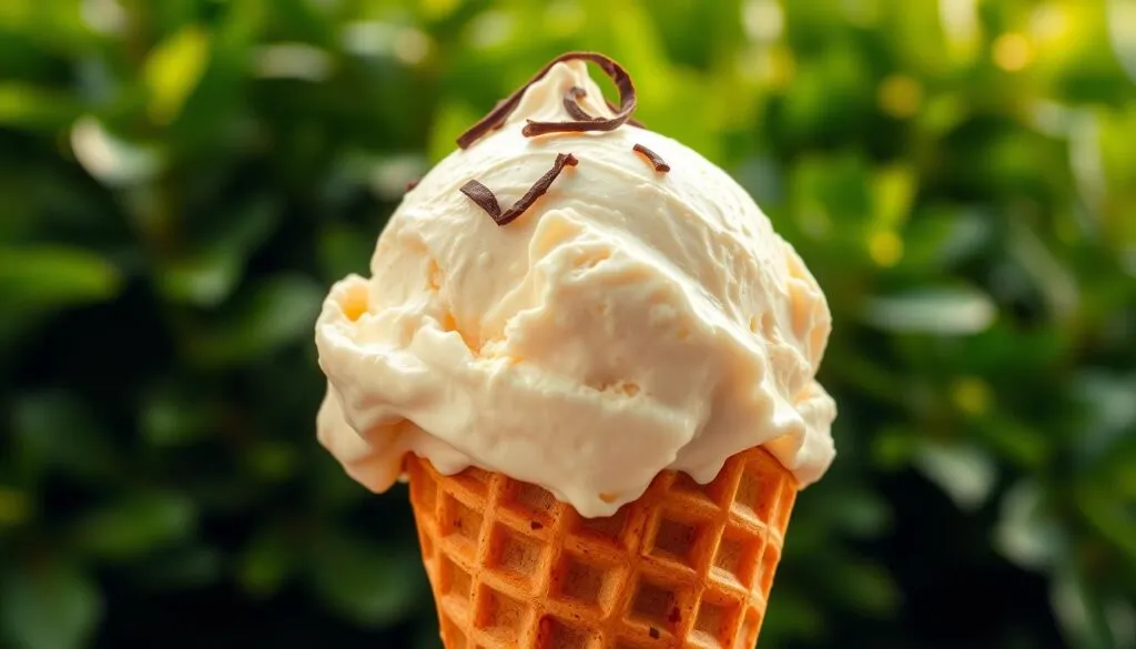A scoop of creamy vanilla ice cream, glistening with condensation, sits atop a crisp waffle cone against a backdrop of lush, verdant foliage. The ice cream is adorned with a delicate curl of dark chocolate shavings, creating a tantalizing contrast of textures and flavors. Soft, diffused lighting casts a warm, golden glow, accentuating the ice cream's inviting sheen. The overall scene evokes a sense of regional pride and indulgence, capturing the essence of a beloved local ice cream tradition.