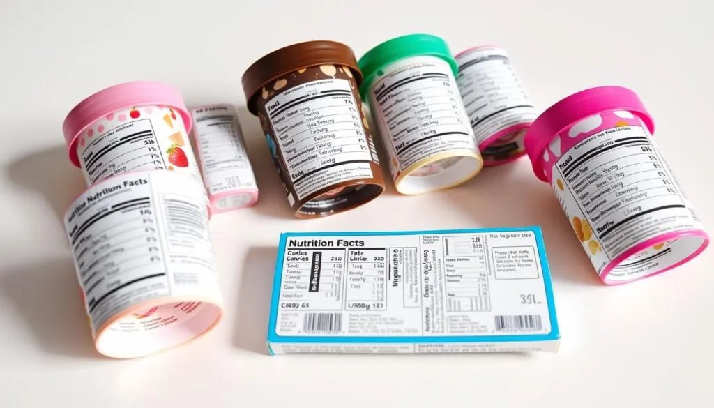 A still life arrangement of a group of ice cream nutrition labels, laid out on a clean, white table surface. The labels are presented in a neat, organized manner, showcasing their key nutritional information such as calories, fat, sugar, and ingredients. The lighting is soft and diffused, creating a warm, inviting atmosphere. The camera angle is slightly angled, capturing the labels at an eye-level perspective, allowing the viewer to easily read and understand the details. The background is minimal, with no distractions, focusing the attention solely on the informative ice cream nutrition labels.