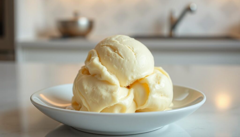 A tantalizing scoop of the best gluten-free vanilla ice cream, with a rich, creamy texture and a glistening, inviting sheen. The frozen dessert sits atop a sleek, minimalist white dish, against a backdrop of a softly lit, neutral-toned kitchen countertop. Subtle shadows and highlights accentuate the ice cream's smooth, velvety appearance, evoking a sense of artisanal craftsmanship. The overall scene exudes a clean, elegant, and appetizing atmosphere, perfectly capturing the essence of a premium, dairy-free frozen treat.