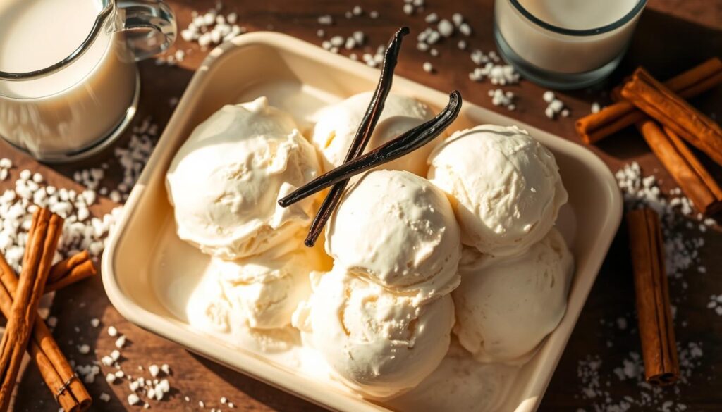 A tray of freshly scooped vanilla ice cream, garnished with plump vanilla bean pods, surrounded by a scattering of pure white sugar granules, creamy milk in a glass pitcher, and a few whole cinnamon sticks. The composition is lit from the side, creating warm, soft shadows that accentuate the smooth, velvety texture of the ice cream. The scene is captured with a wide-angle lens, providing a sense of depth and emphasizing the simplicity and elegance of the classic vanilla ice cream ingredients. The overall mood is one of pure, unadulterated indulgence, perfectly suited to illustrate the "The Ingredients in Vanilla Ice Cream" section.