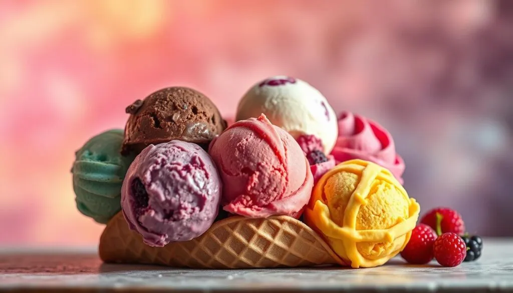 A vibrant and mouthwatering display of delectable ice cream flavors, captured in a dreamy, soft-focus setting. A central arrangement of scoops in an array of vibrant hues - from rich chocolate to creamy vanilla, zesty citrus, and decadent berry swirls - sits atop a textured cone, casting gentle shadows under warm, diffused lighting. The background is hazy and atmospheric, with hints of pastel-toned backdrops and a sense of depth, creating a serene, inviting ambiance that evokes the elevated experience of artisanal ice cream. The composition is balanced and visually appealing, drawing the eye to the delightful flavors and textures that elevate this classic dessert.