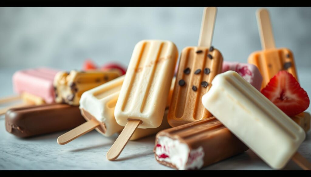 A visually appealing assortment of classic ice cream bars, meticulously captured in a soft, natural lighting. The delectable treats are neatly arranged, showcasing their vibrant colors and textures - from the creamy vanilla to the rich chocolate and the refreshing fruit flavors. The scene is set against a subtly blurred background, allowing the ice cream bars to take center stage and entice the viewer's senses. The overall composition conveys a sense of balance, elegance, and the irresistible allure of these delightful frozen delights.