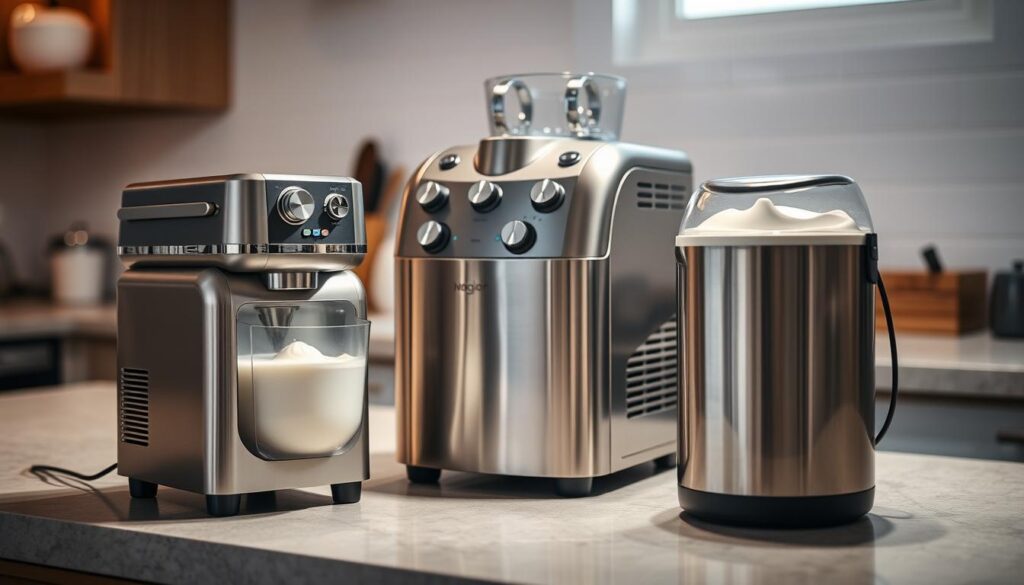 A well-lit kitchen countertop showcases an array of modern stainless steel ice cream makers. In the foreground, a compact, retro-style machine with a transparent bowl and sleek chrome accents. In the middle, a larger, professional-grade model with multiple settings and a sturdy built-in compressor. In the background, a compact, cordless personal ice cream maker with a minimalist design. The scene is bathed in warm, soft lighting, creating a cozy, inviting atmosphere, perfect for conveying the homemade, artisanal nature of the frozen desserts these machines can produce.