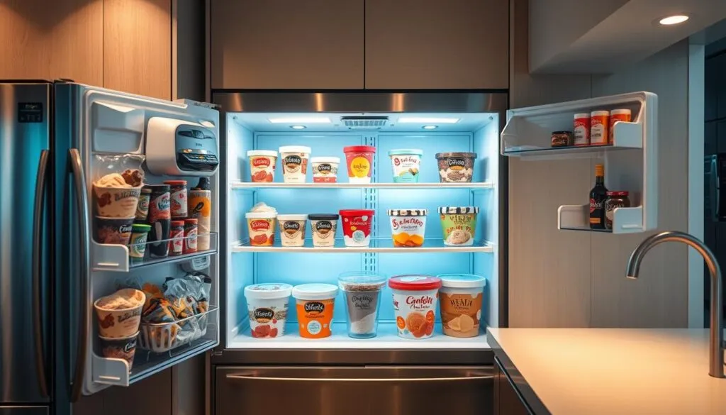 A well-lit, modern kitchen interior with an open refrigerator showcasing neatly organized shelves of various ice cream flavors in different sized cartons and tubs. The refrigerator has a stainless steel finish, casting a cool, metallic glow throughout the scene. Soft, indirect lighting illuminates the space, highlighting the vibrant colors and textures of the ice cream. The kitchen countertop is clean and uncluttered, hinting at the careful attention to detail that goes into properly storing and serving premium ice cream. The overall atmosphere is one of elegance, cleanliness, and a passion for the art of enjoying frozen desserts.