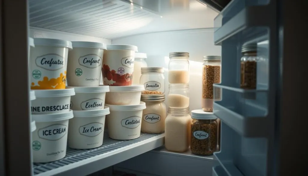 A well-organized freezer interior with various ice cream containers neatly stacked and labeled, illuminated by soft, natural lighting streaming through a partially open freezer door. The containers are a mix of classic plastic tubs and reusable glass jars, showcasing the different storage options for homemade ice cream. The shelves are tidy and well-organized, with a sense of care and attention to detail in the presentation. The overall mood is one of efficiency and practicality, inviting the viewer to consider the best storage practices for preserving their homemade frozen treats.
