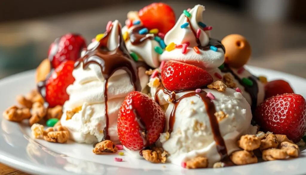 An assortment of vibrant, mouthwatering ice cream toppings artfully arranged on a gleaming white plate, illuminated by soft, warm lighting. Luscious chocolate syrup drizzled over smooth vanilla ice cream, dotted with plump, juicy strawberries and crunchy toasted nuts. Fluffy whipped cream peaks playfully nestled between sprinkles of colorful candy bits and crumbled cookie chunks. The scene evokes a sense of indulgence and joy, inviting the viewer to dive into this delectable sundae creation. Captured with a shallow depth of field, the focus drawn to the delectable details, highlighting the textures and flavors of this quintessential ice cream experience.