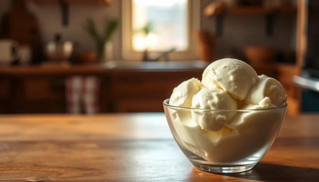 An inviting scene of a creamy, scoopable eggless ice cream in a glass bowl, resting on a wooden table. The ice cream's silky texture and pale ivory color are captured in warm, natural lighting, casting gentle shadows. The backdrop is a rustic, blurred kitchen, hinting at the simple, homemade nature of the recipe. The composition draws the viewer's attention to the ice cream, highlighting its delectable qualities. Shallow depth of field emphasizes the smoothness of the ice cream's surface. The overall mood is one of comforting simplicity and appetizing deliciousness, reflecting the "Tips for Perfect Ice Cream" section. An inviting scene of a creamy, scoopable eggless ice cream in a glass bowl, resting on a wooden table. The ice cream's silky texture and pale ivory color are captured in warm, natural lighting, casting gentle shadows. The backdrop is a rustic, blurred kitchen, hinting at the simple, homemade nature of the recipe. The composition draws the viewer's attention to the ice cream, highlighting its delectable qualities. Shallow depth of field emphasizes the smoothness of the ice cream's surface. The overall mood is one of comforting simplicity and appetizing deliciousness, reflecting the "Tips for Perfect Ice Cream" section.