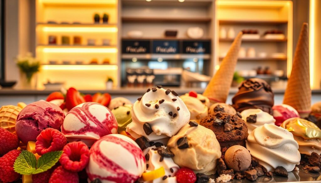 An ornate display of decadent ice cream flavors, arranged with artistic flair. In the foreground, a variety of scoops in striking hues - bold raspberry ripple, creamy pistachio, and rich chocolate chunks. Surrounding them, an array of fresh fruit garnishes, glistening syrups, and delicate waffle cones. The midground features a sleek, modern counter, its polished surface reflecting the vibrant colors. In the background, a softly lit interior with minimalist shelving showcases premium toppings and sauces. Warm, golden lighting casts a cozy glow, highlighting the textural details of each indulgent flavor. The overall composition evokes a high-end, artisanal ice cream parlor, inviting the viewer to explore beyond the traditional vanilla.