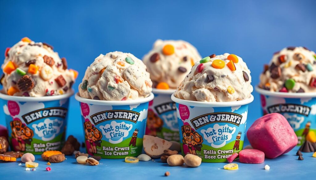 Generate an image of Ben &amp; Jerry's ice cream pints with unique mix-ins.