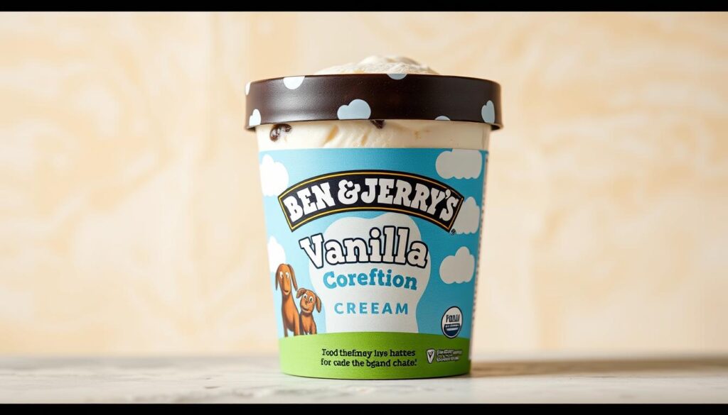 Generate an image of Ben &amp; Jerry's vanilla ice cream container with a background of creamy texture.