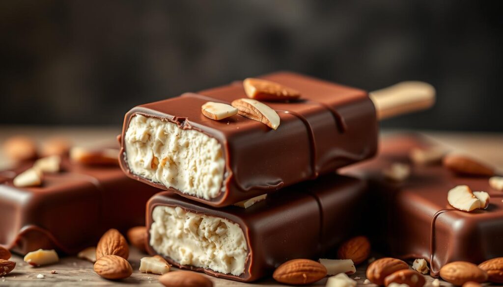 Generate an image of Haagen-Dazs Vanilla Milk Chocolate Almond ice cream bars