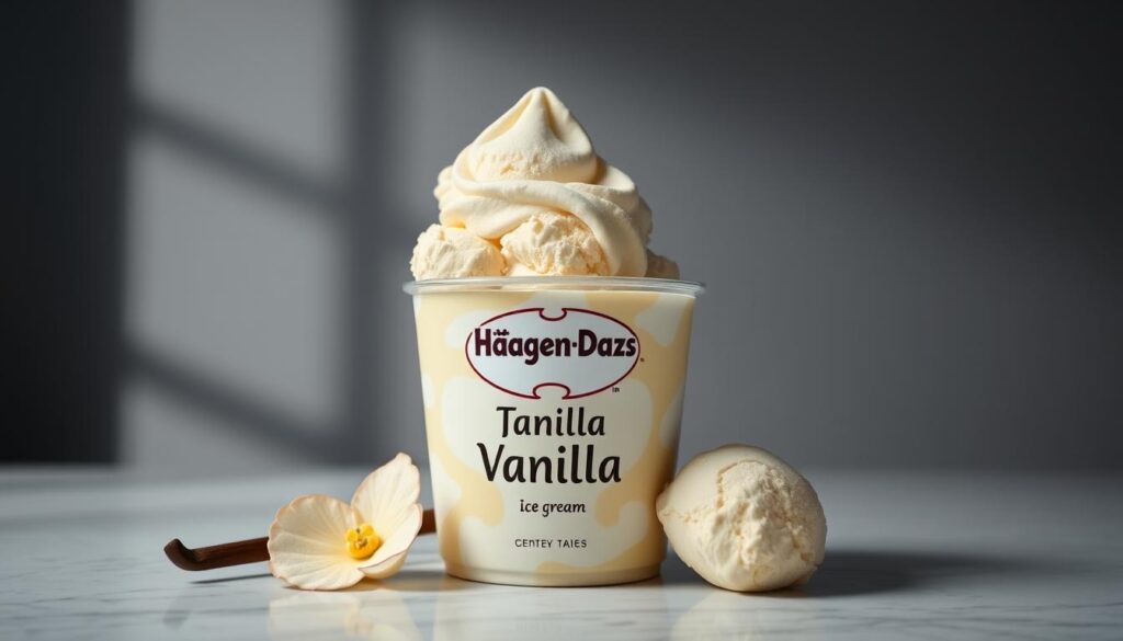 Generate an image of Häagen-Dazs vanilla ice cream in a elegant, minimalist setting.