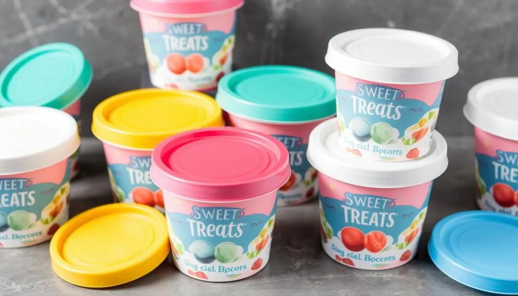 Generate an image of Sweet Treats ice cream storage tubs with silicone lids.