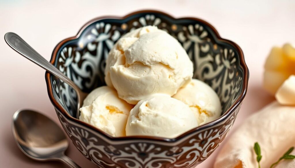 Generate an image of Target's Favorite Day Vanilla Bean ice cream in a decorative bowl.