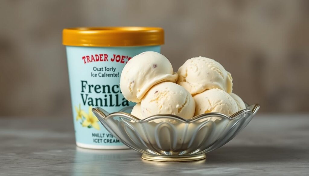 Generate an image of Trader Joe's French Vanilla ice cream container with a few scoops in a bowl.