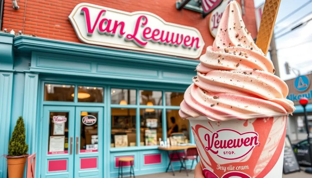 Generate an image of a Van Leeuwen ice cream shop or a pint of their unique flavor.