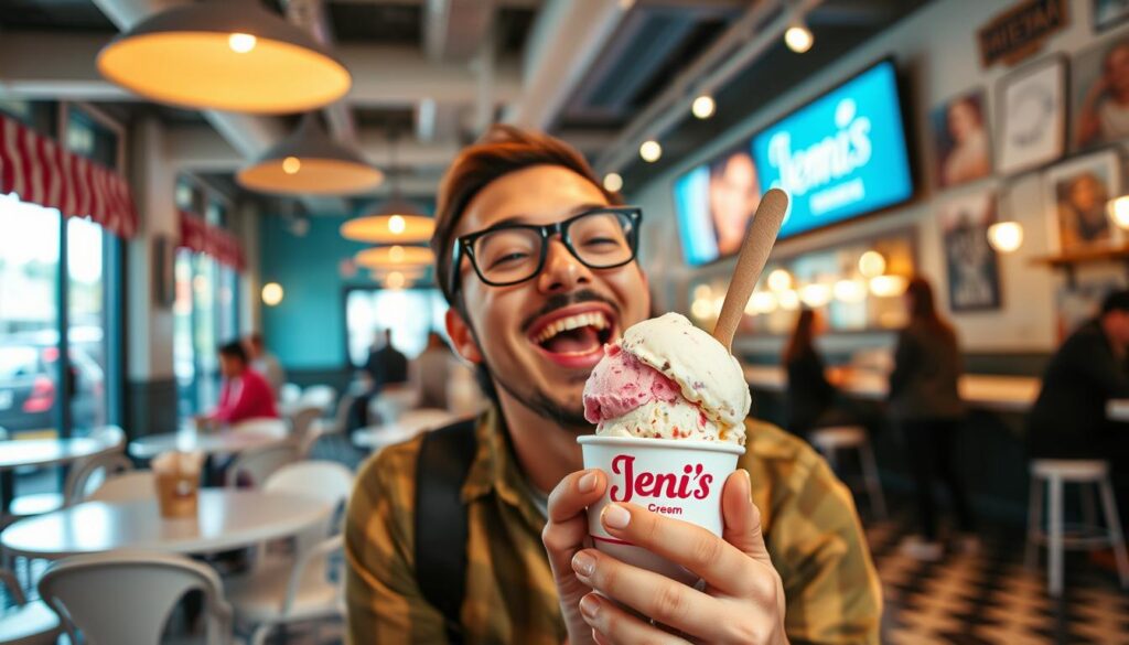 Generate an image of a person enjoying Jeni's ice cream in a trendy ice cream parlor.