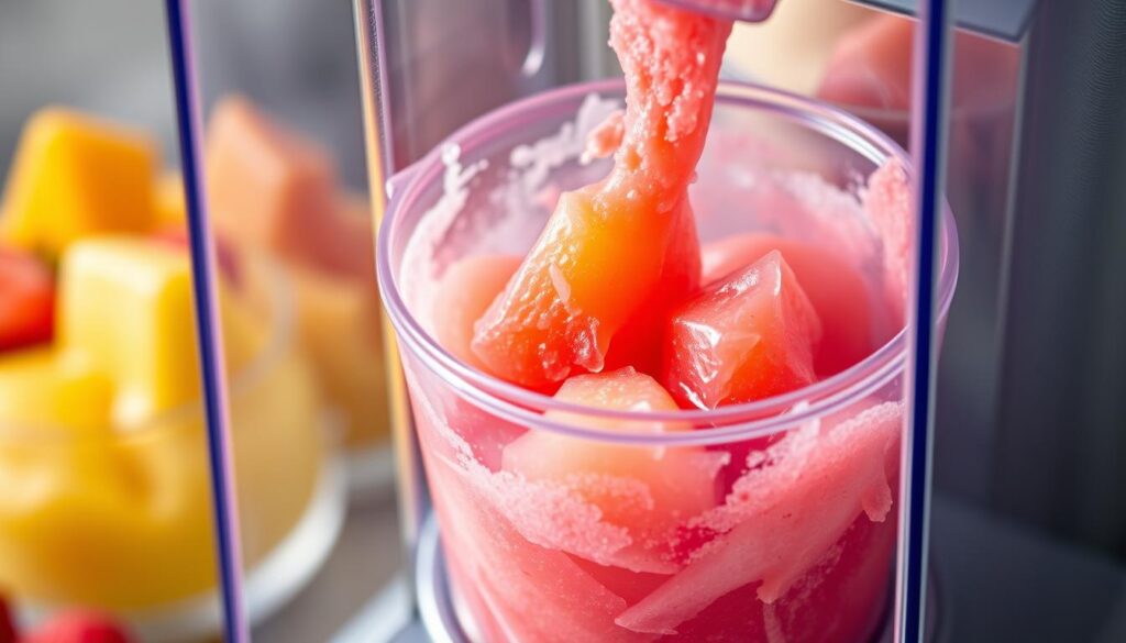 Generate an image of a sorbet maker machine in action, with colorful sorbet being churned inside.