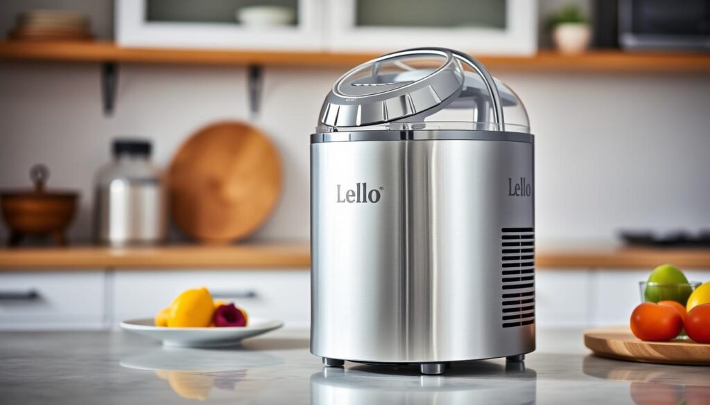 Generate an image of the Lello4080 Musso Lello Ice Cream Maker with its sleek, metallic finish and compact design.