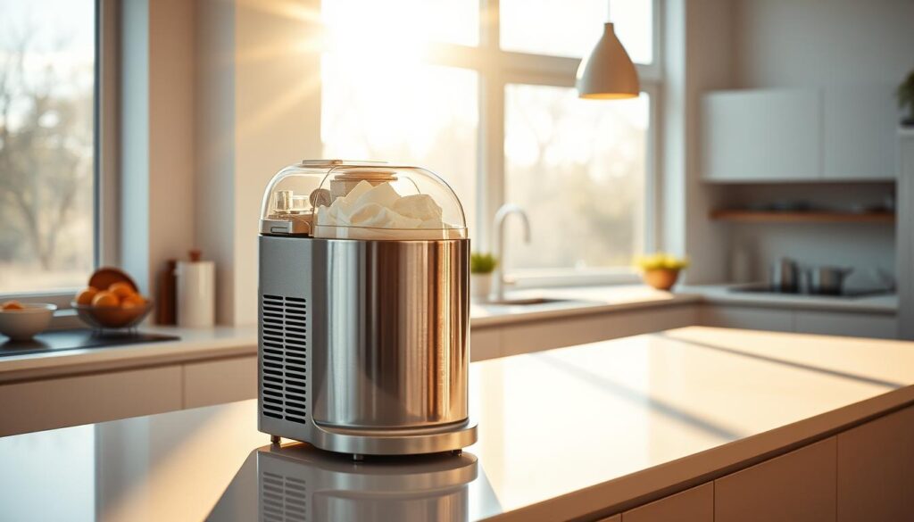 a highly detailed, photorealistic image of a stainless steel ice cream maker in a modern kitchen. The ice cream maker is the focal point, prominently displayed on a sleek kitchen counter. The machine has a cylindrical shape with a sturdy base and a transparent lid, revealing the frozen cream inside. Bright, natural lighting streams in through large windows, creating a warm, inviting atmosphere. The kitchen is minimalist in design, with clean lines and neutral colors, allowing the ice cream maker to stand out. The overall scene conveys a sense of culinary excitement and the promise of delicious homemade ice cream.
