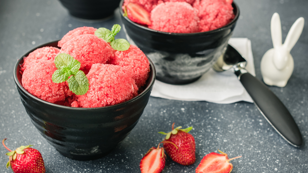 strawberry sorbet and mango sorbet in bowls