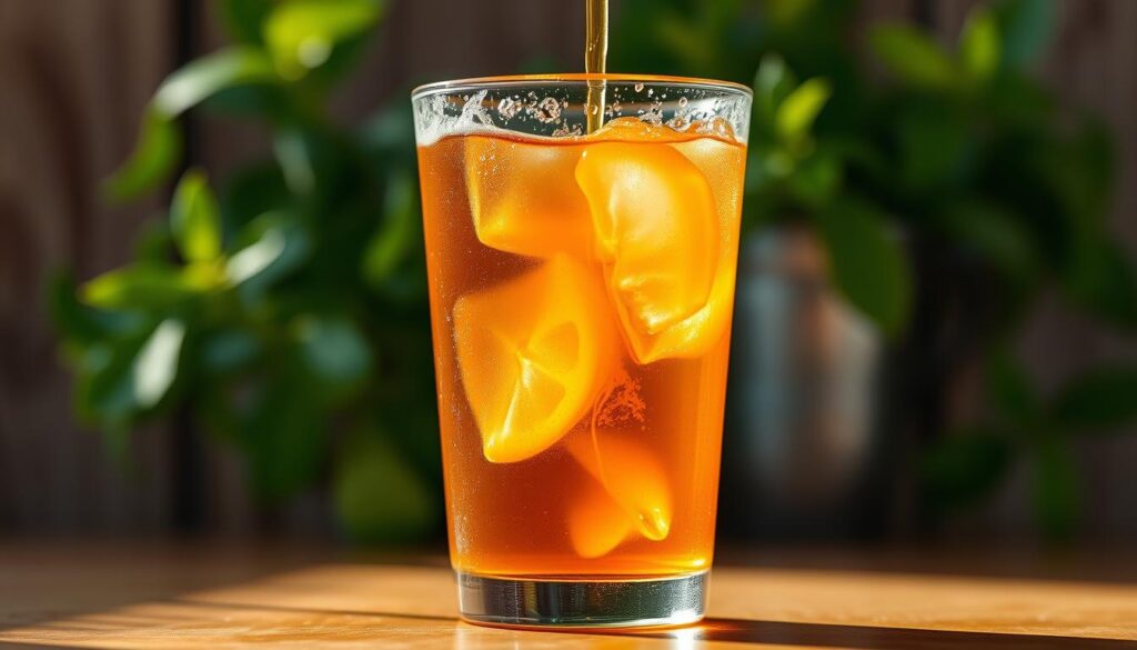 A beautifully lit tabletop scene featuring a glass of iced tea or lemonade with stevia simple syrup swirling within. The foreground showcases the translucent amber-hued syrup elegantly drizzling and dispersing into the beverage, creating a mesmerizing visual effect. The middle ground depicts the condensation-beaded glass against a soft, out-of-focus background of fresh greenery or a rustic wooden surface. The lighting is warm and natural, creating a calming, inviting atmosphere. The angle is slightly elevated to showcase the intricate interplay of the syrup and the drink, highlighting the simplicity and healthiness of this natural sweetener.