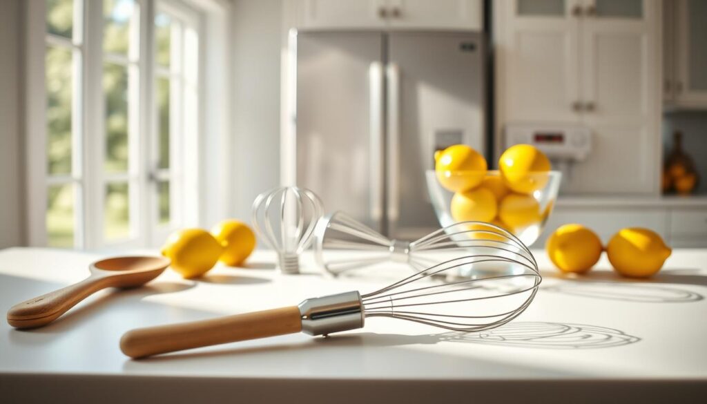 A bright, airy kitchen counter with an assortment of kitchen tools essential for making a refreshing lemon sherbet. In the foreground, a wooden spoon, a whisk, and a citrus juicer stand out against a crisp white backdrop. In the middle ground, a stainless steel ice cream scoop and a hand-held electric mixer sit next to a glass bowl filled with vibrant yellow lemons. The background is softly blurred, hinting at the necessary refrigerator and other appliances. The scene is illuminated by natural light flooding in through large windows, casting a warm, summery glow on the tools and creating long, dramatic shadows. The overall mood is one of simplicity, efficiency, and the promise of a delightful frozen treat.