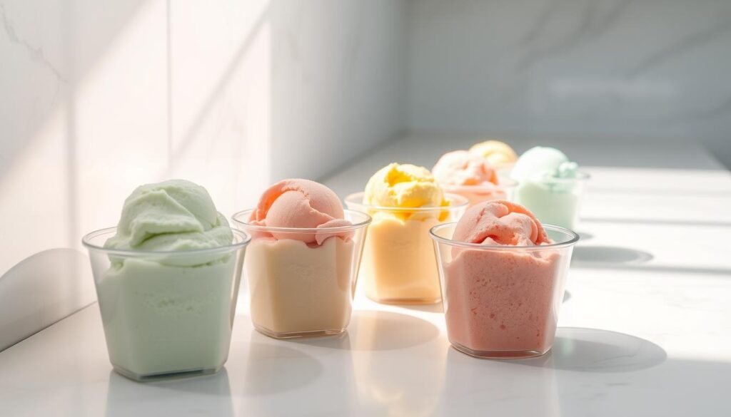 A brightly lit, minimalist kitchen counter with a series of sleek, pastel-colored sherbet containers neatly arranged. The containers are transparent, allowing the vibrant sherbets within to shine through. The counter is made of a smooth, white marble-like material, creating a clean, modern aesthetic. Soft, directional lighting casts gentle shadows, highlighting the textures and colors of the sherbet. The overall scene conveys a sense of refreshing simplicity, inviting the viewer to imagine the delightful flavors waiting to be enjoyed on a hot summer day.