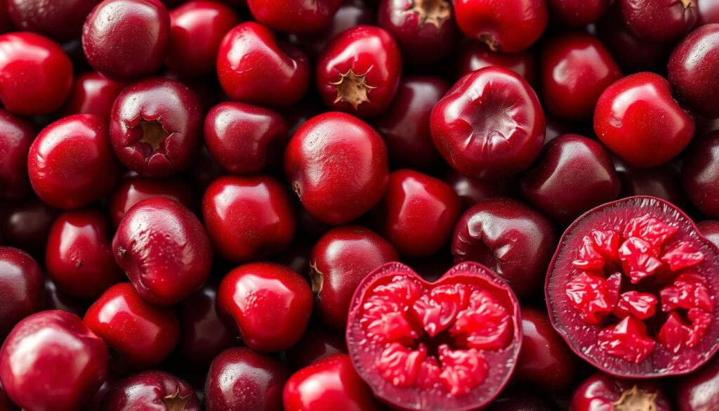 A close-up photograph of freshly harvested cranberries, their deep crimson hue glistening under soft, diffused natural lighting. The berries are arranged in a visually appealing composition, with some whole and others cut in half, revealing their juicy, seed-filled interior. The image is captured with a high-resolution lens, providing sharp details and a shallow depth of field to focus the viewer's attention on the essential ingredients for a delectable cranberry sorbet.