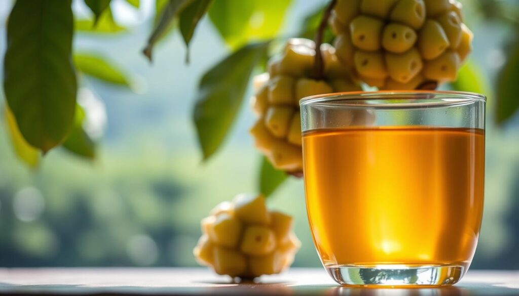 A close-up photograph of freshly harvested monk fruit, its vibrant green skin glistening under soft, diffused lighting. In the foreground, a transparent glass container filled with a clear, amber-hued monk fruit sweetener syrup, its surface reflecting the light. In the background, a blurred, serene landscape of lush, verdant foliage, evoking a sense of natural tranquility. The image conveys the health benefits of monk fruit sweetener - its low-calorie, natural sweetness, and potential to replace refined sugar in various recipes and beverages.