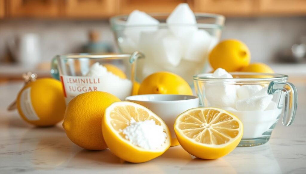 A close-up, well-lit scene showcasing the essential ingredients for homemade lemon sherbet. In the foreground, there are fresh lemons, halved and ready to be juiced. Nearby, a glass measuring cup filled with granulated sugar, and a small bowl of heavy cream. In the middle ground, an antique glass bowl filled with ice cubes, hinting at the chilling process. The background is a soft, blurred kitchen counter, with subtle hints of wooden cabinets or shelves. The overall atmosphere is bright, airy, and summery, evoking the refreshing nature of this classic frozen dessert.