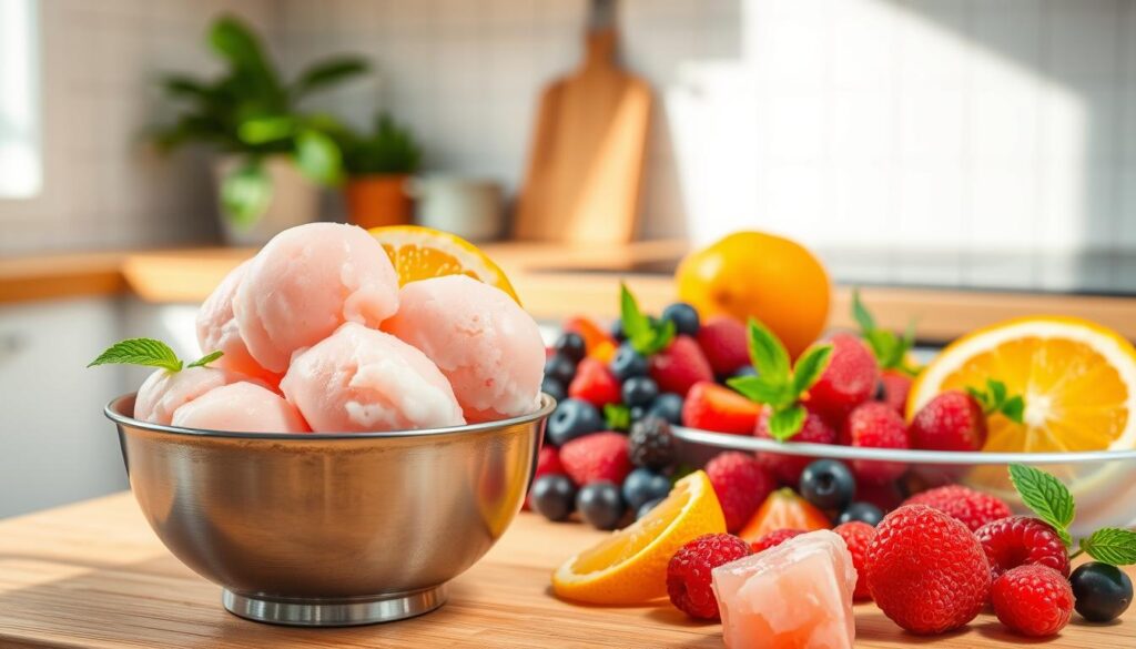 A delectable, dairy-free sherbet dessert set against a bright, cheerful backdrop. In the foreground, a stainless steel bowl overflows with a vibrant, creamy sorbet in a pastel hue, garnished with fresh slices of tangy citrus fruit. In the middle ground, an assortment of colorful, seasonal berries and sprigs of fresh mint add pops of color. The background features a warm, sun-dappled kitchen counter, with a minimalist white tile wall and a clean, modern aesthetic. The lighting is soft and diffused, casting a gentle glow over the scene, creating an inviting and appetizing atmosphere.